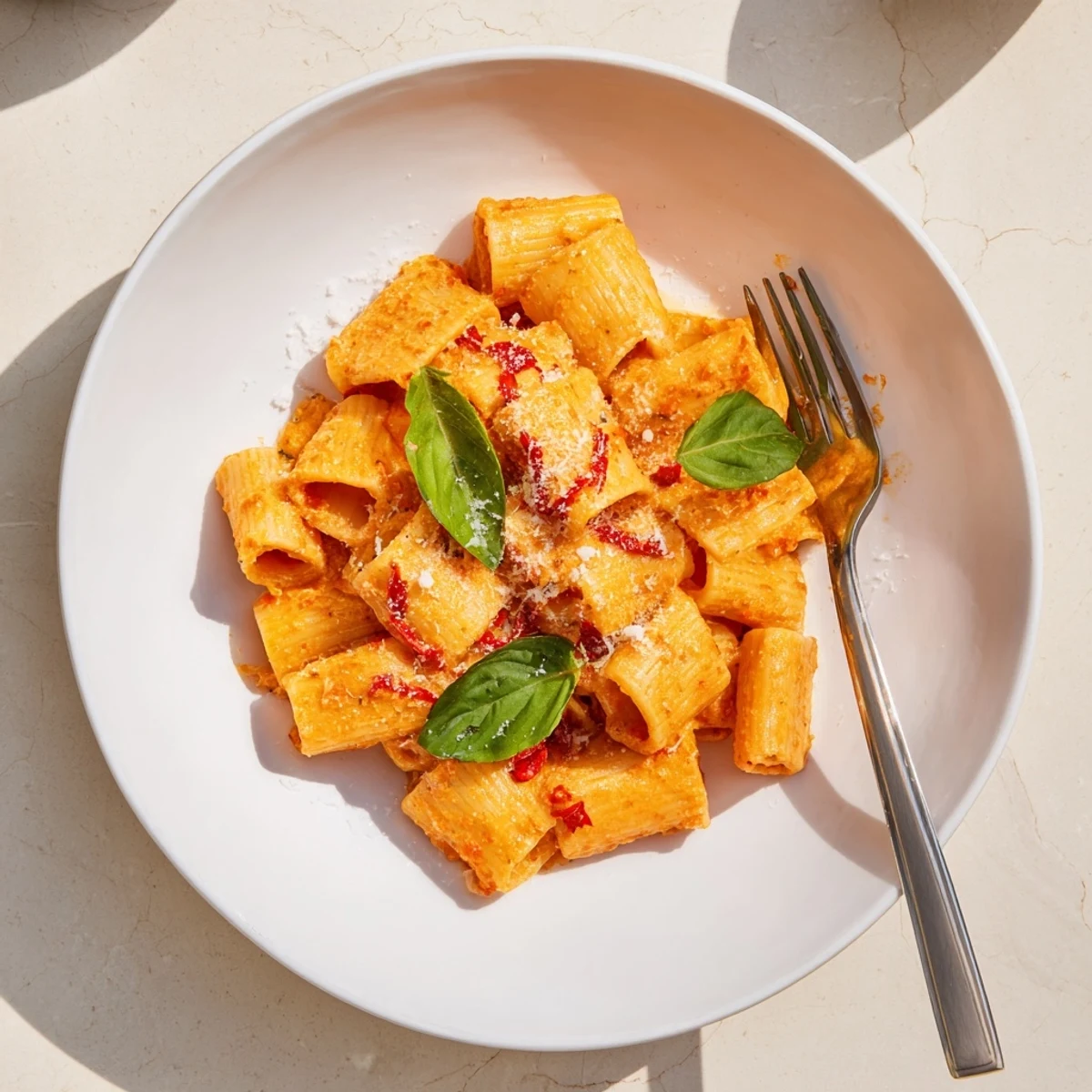A serving of Spicy Rigatoni Pasta tossed with a rich red cream sauce, paired with a glass of crisp white wine on the side.