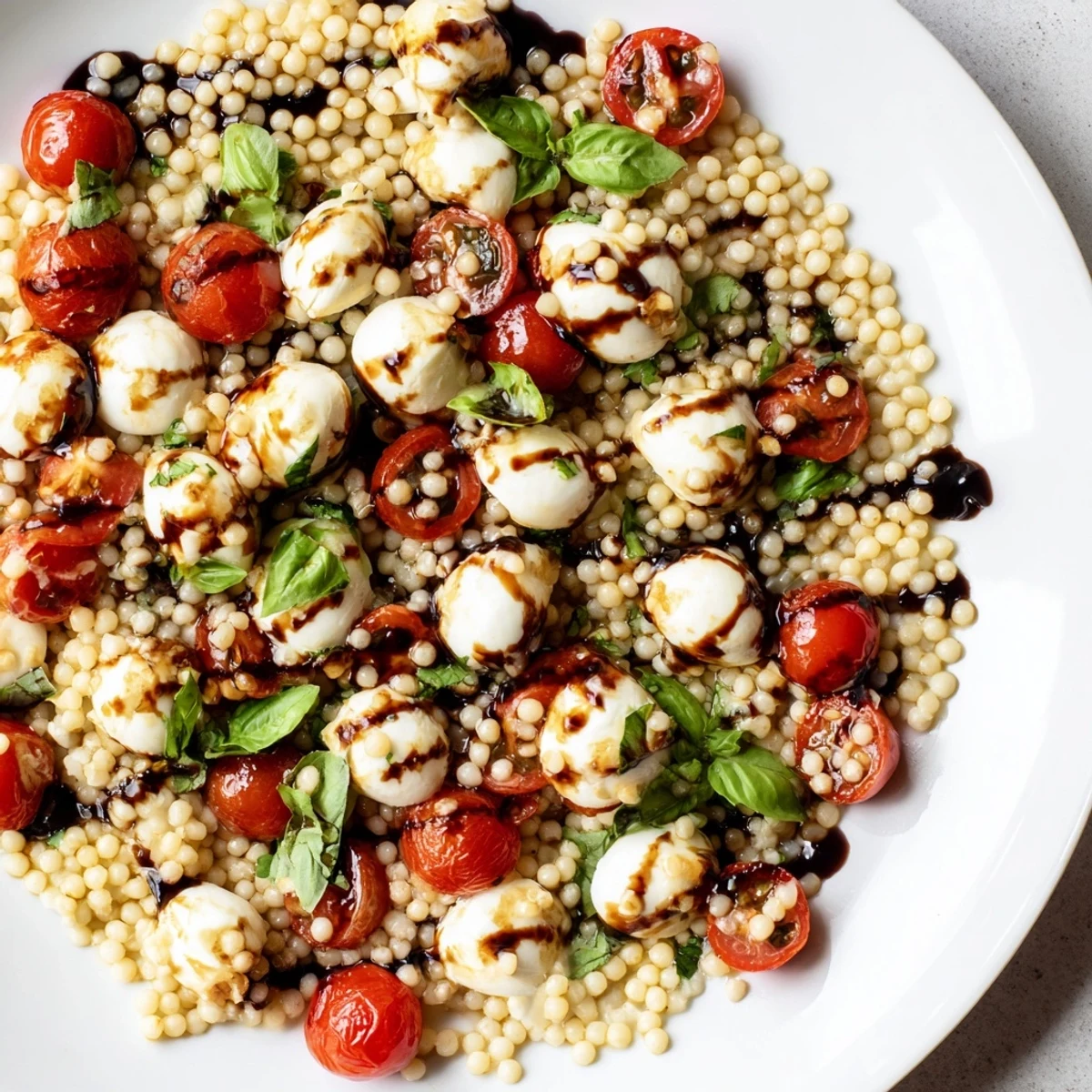 A vegetarian Italian side dish, Caprese Couscous Salad features tender Israeli couscous tossed with juicy tomatoes and mozzarella, ideal for picnics or potlucks.