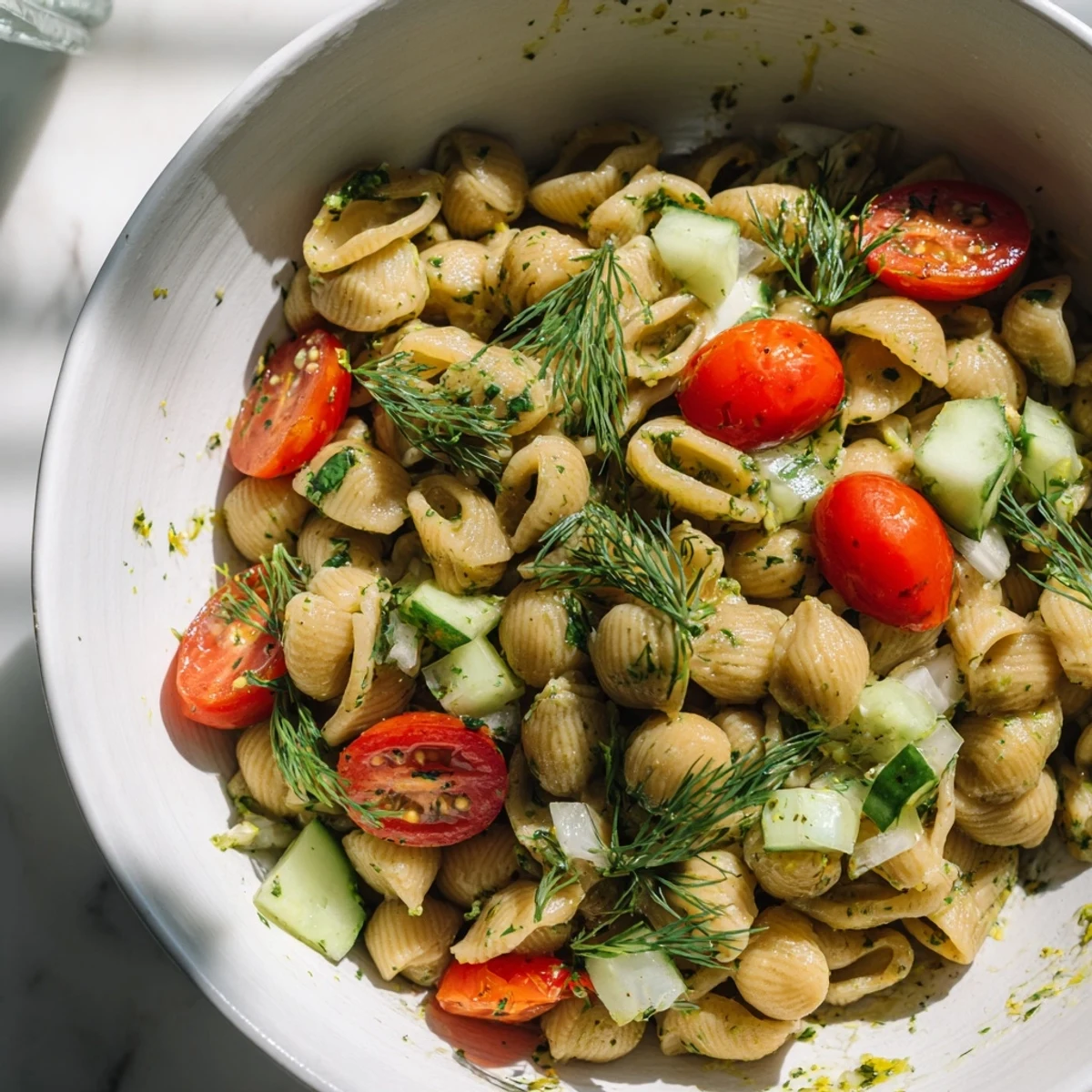 Serving suggestion for Lemon Herb Chickpea Pasta Salad, featuring gluten-free chickpea pasta, crisp vegetables, and a light Mediterranean-inspired dressing.  