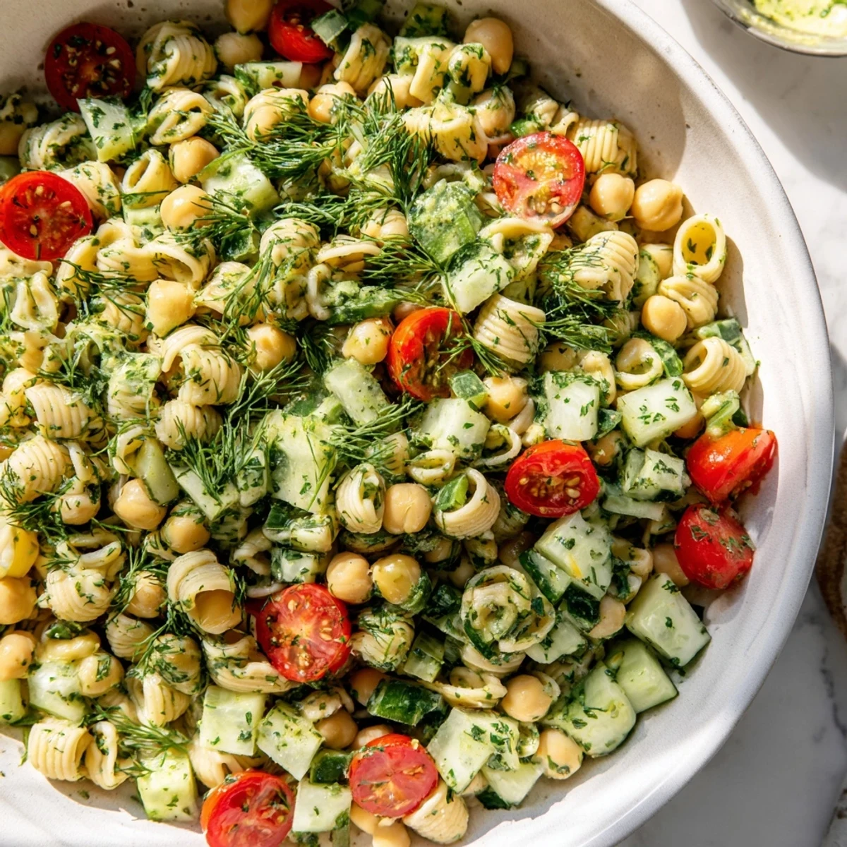 A bowl of vibrant Lemon Herb Chickpea Pasta Salad with diced cucumbers, cherry tomatoes, and fresh herbs tossed in a zesty lemon dressing.  