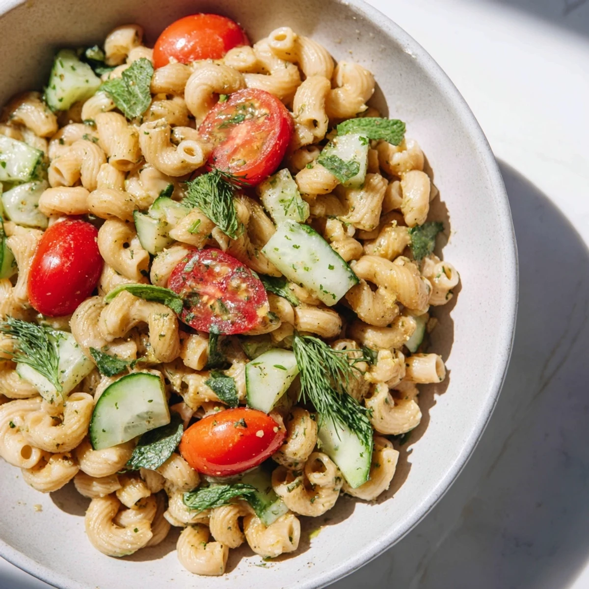 Close-up photo of Lemon Herb Chickpea Pasta Salad garnished with fresh dill and mint, perfect for a summer picnic or light vegetarian lunch.