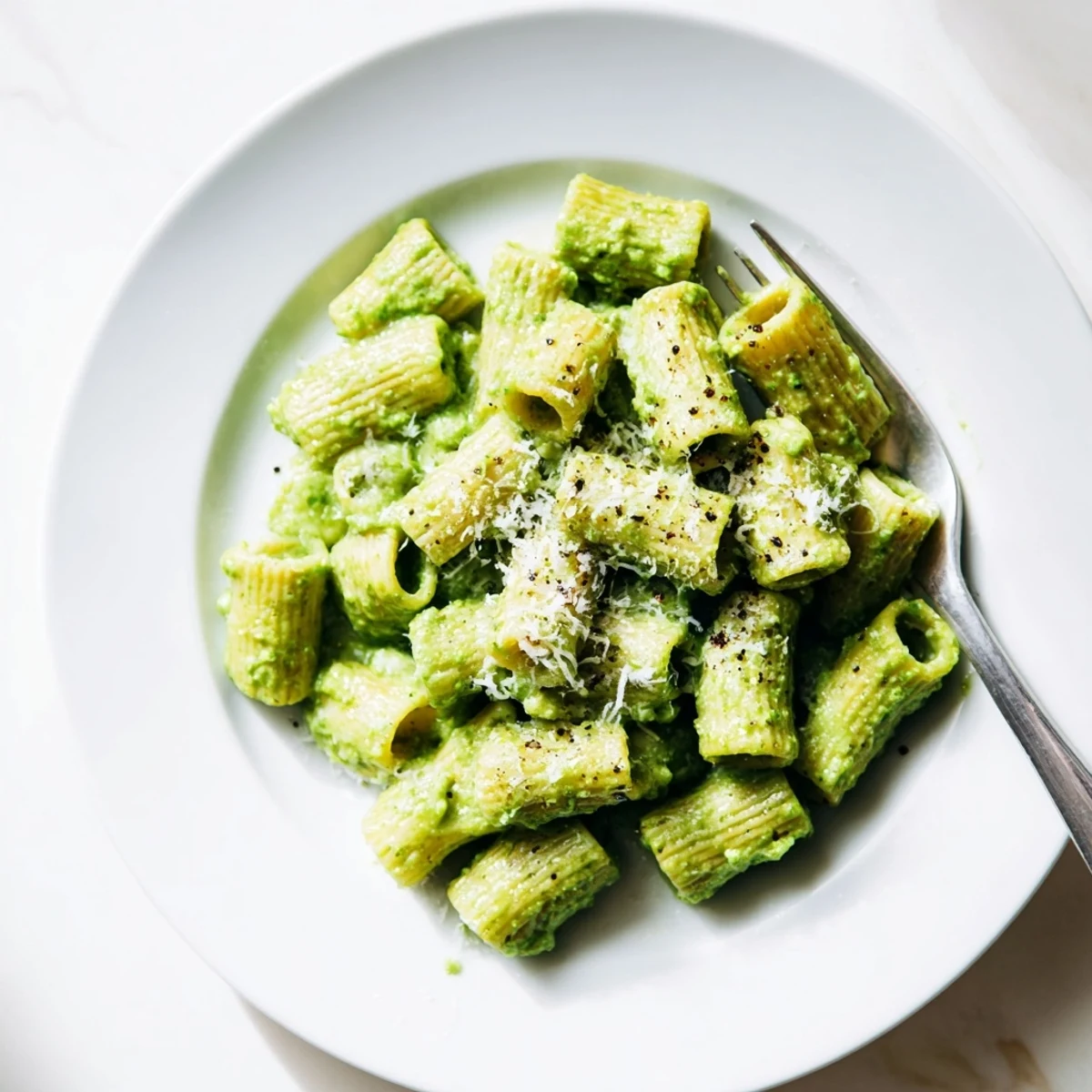 Creamy Avocado Pesto Mac served in a bowl, featuring tender pasta coated in a vibrant green sauce, topped with fresh basil and grated Parmesan.