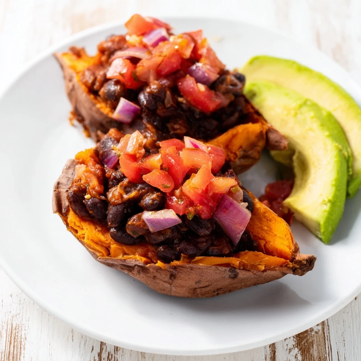 Golden roasted sweet potatoes split open, their fluffy interiors topped with smoky chipotle black beans and a vibrant tomato salsa in this wholesome vegetarian dinner.  