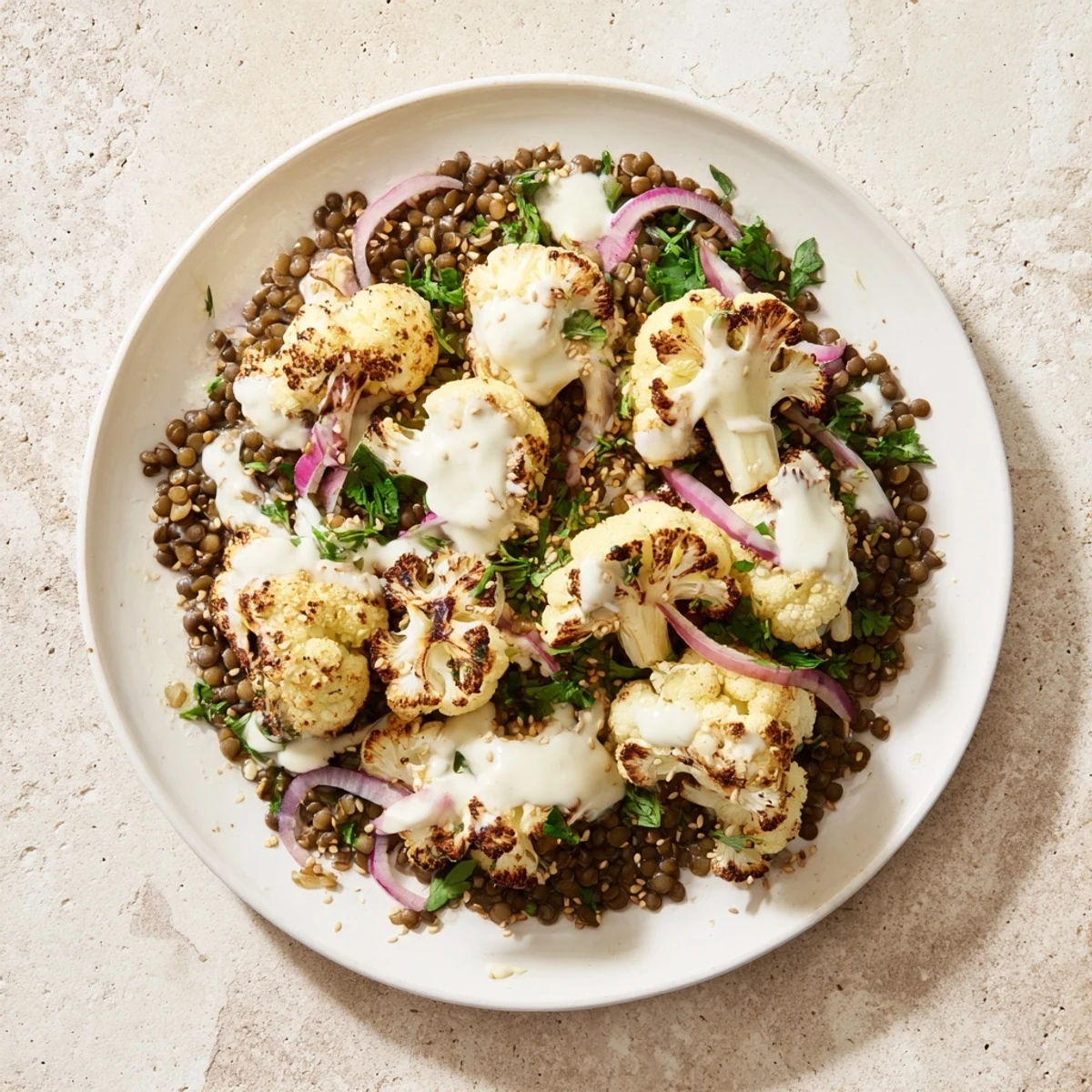 A close-up view shows tender cauliflower baked to caramelized perfection, sitting atop bright green lentils mixed with red onion and parsley, alongside a small bowl of rich cumin-tahini yogurt sauce.