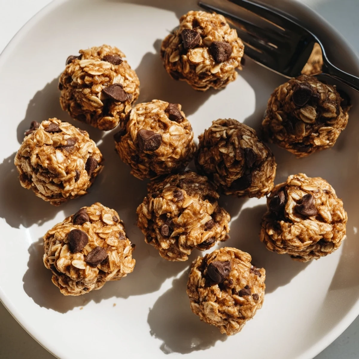 A close-up of golden Banana Chocolate Chip Energy Balls arranged on a wooden board, showcasing their chewy texture and melted chocolate chips.