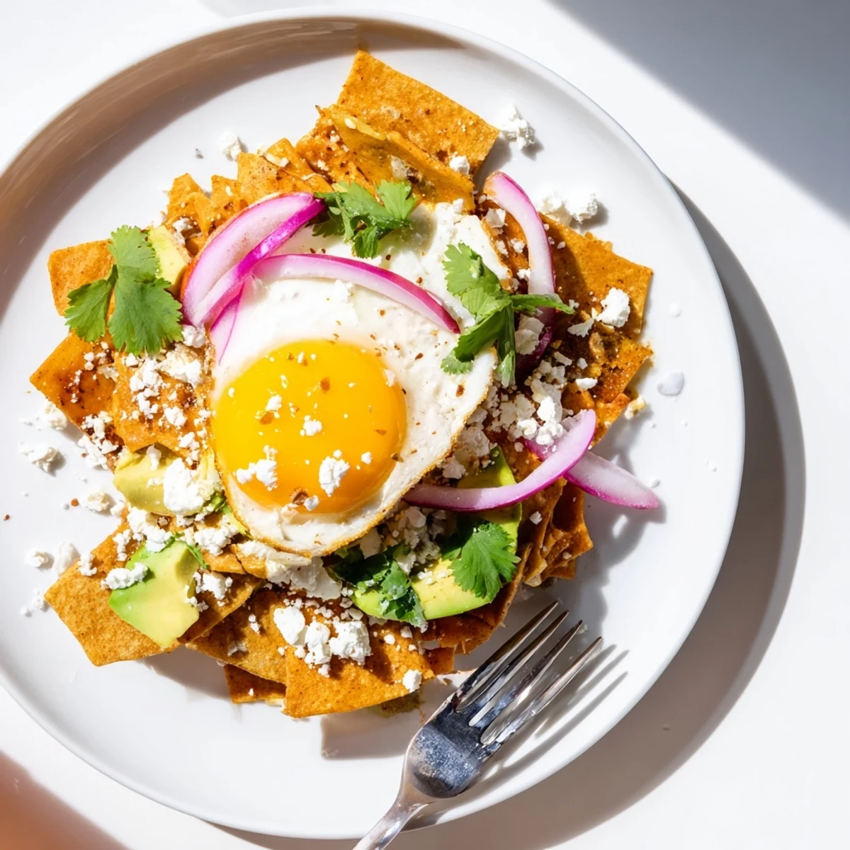 A comforting bowl of homemade Chilaquiles featuring crunchy chips, a sunny-side-up egg, melted cheese, and creamy avocado, perfect for a vegetarian Mexican-inspired brunch.