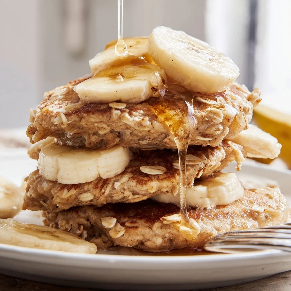 Stack of fluffy Banana Oat Pancakes topped with walnuts and yogurt, served on a rustic wooden table.