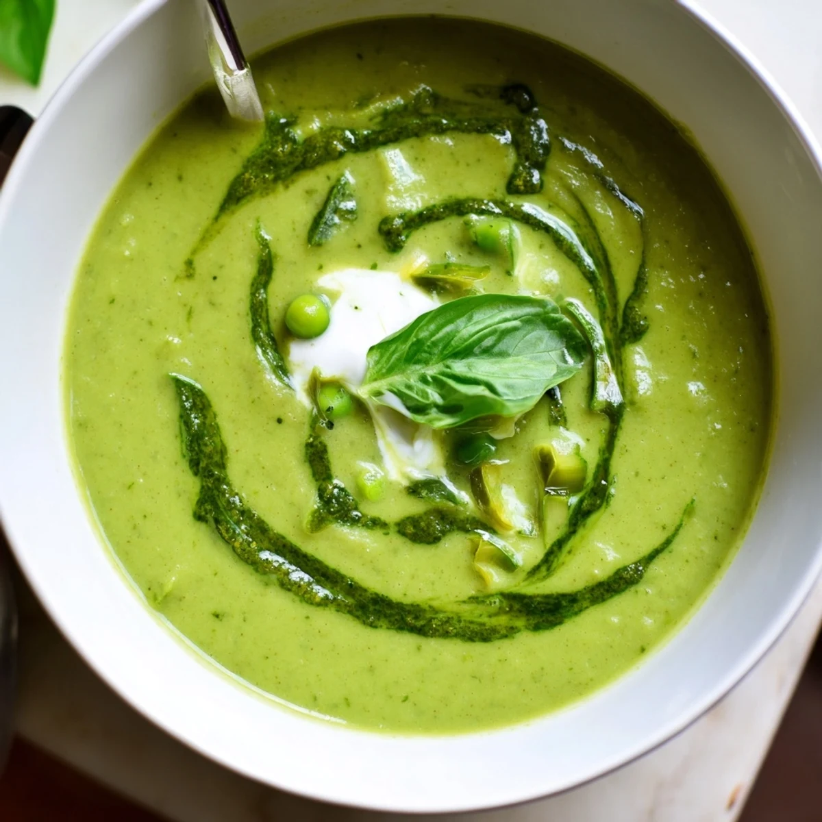 Creamy puréed courgette, pea, and pesto soup, perfect topped with swirl.