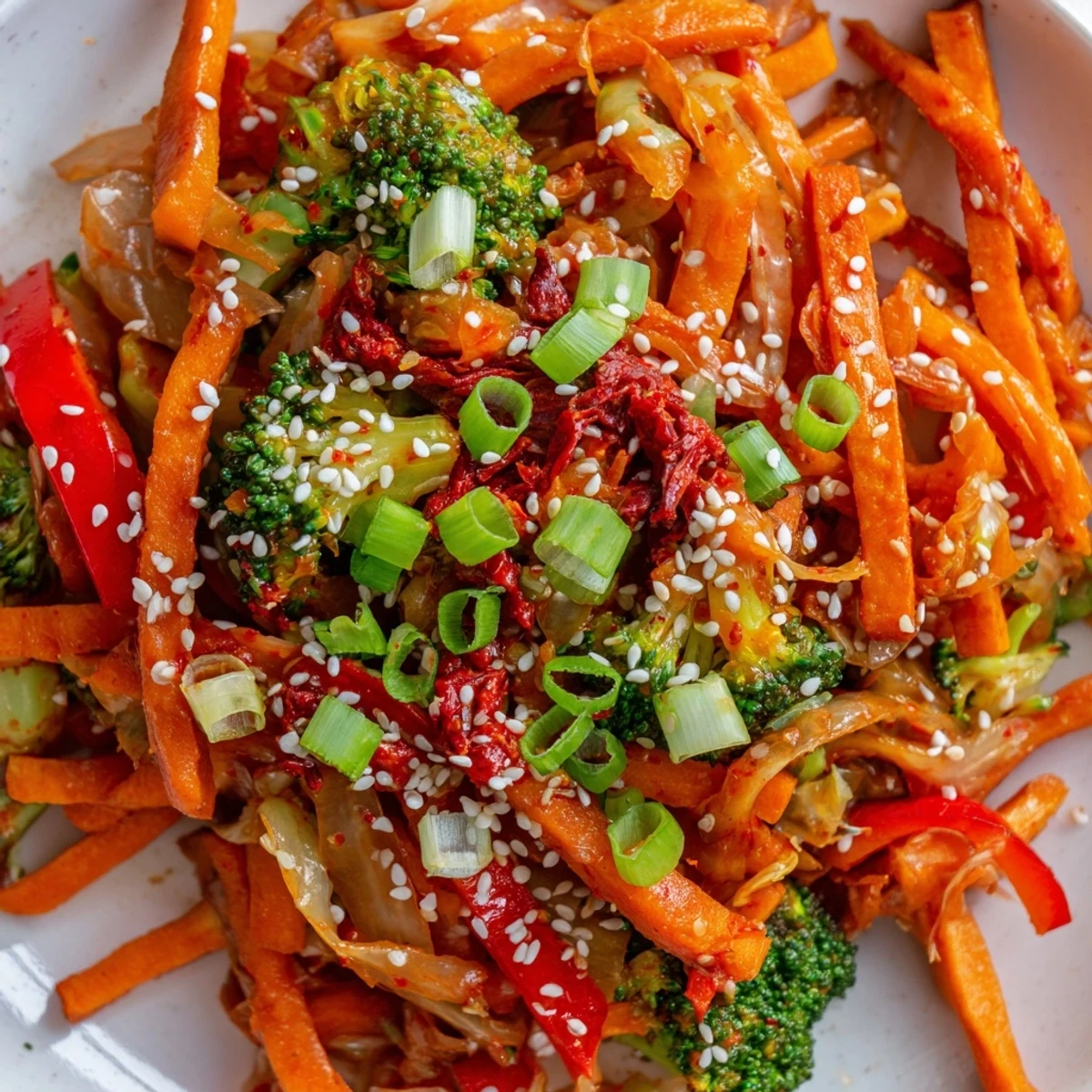 Hearty winter vegetables tossed in a savory sauce, served hot with a colorful kimchi finish.