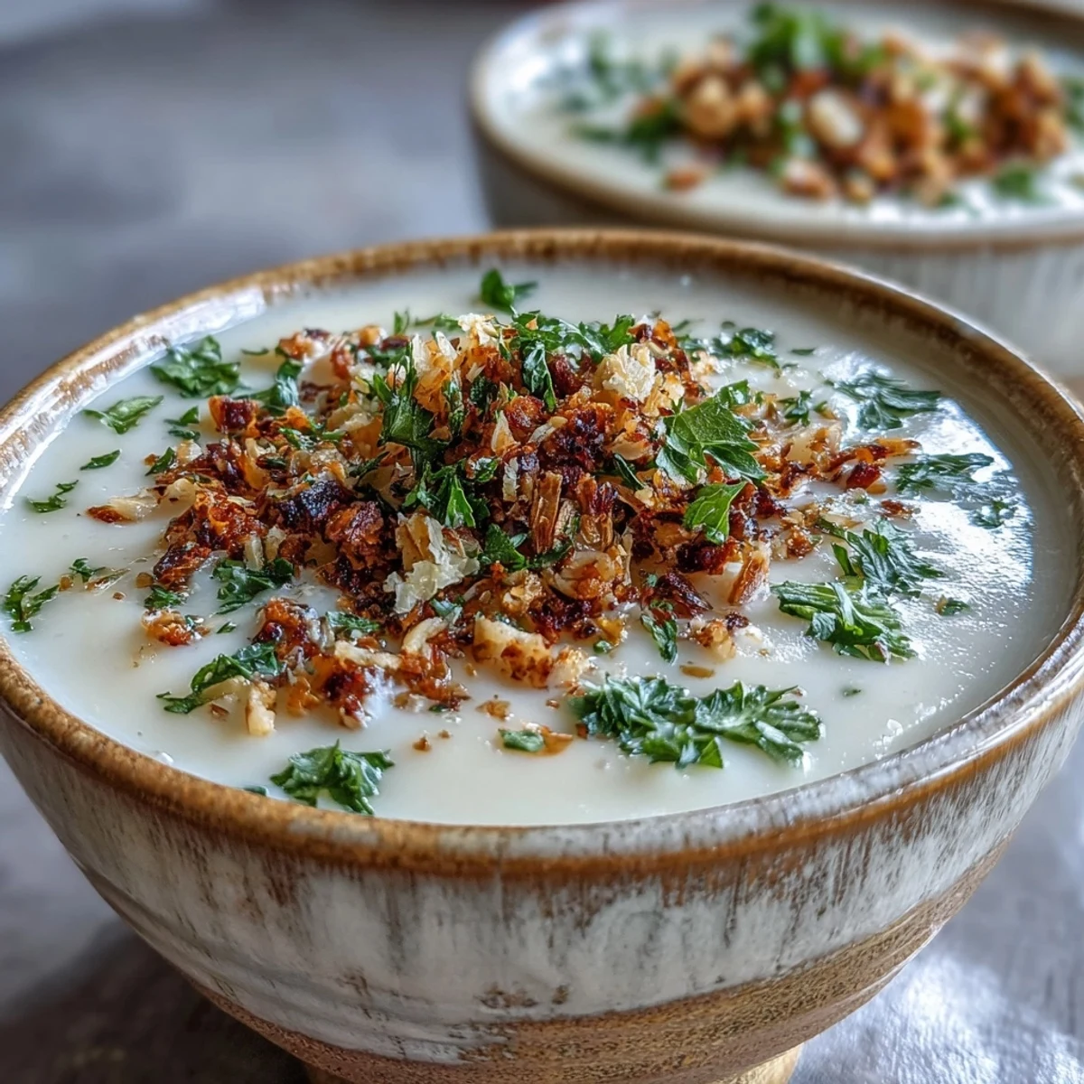 Silky smooth Celeriac Soup With Hazelnut Crumble steaming in a rustic bowl, garnished with fresh parsley and crunchy toasted nuts.