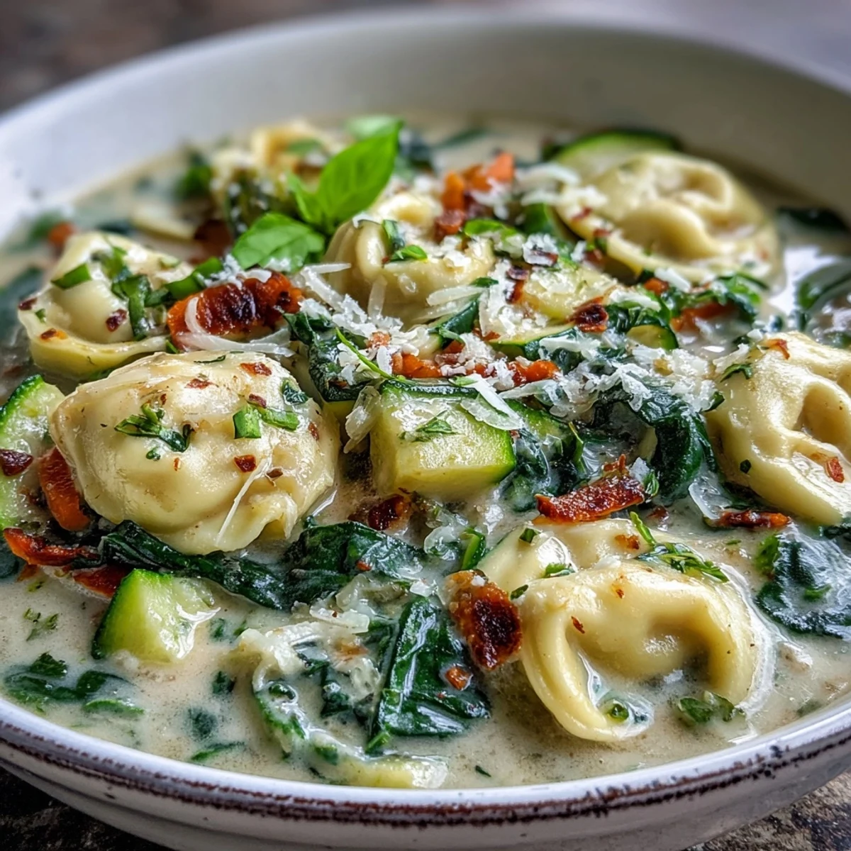 Hearty, creamy vegetable tortellini soup steams in a rustic bowl, topped with fresh basil and grated Parmesan.