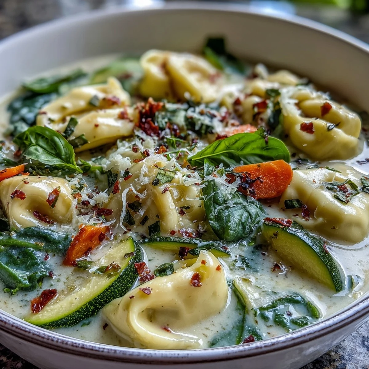 A ladle pours creamy vegetable tortellini soup into a white bowl, revealing tender tortellini and vibrant zucchini.