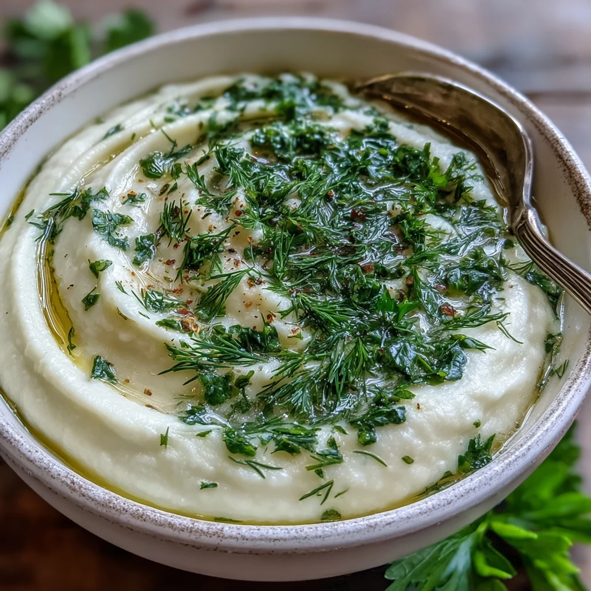 Creamy roasted Parsnip and Herb Soup served warm in a rustic bowl, topped with fresh parsley, chives, and a drizzle of olive oil.