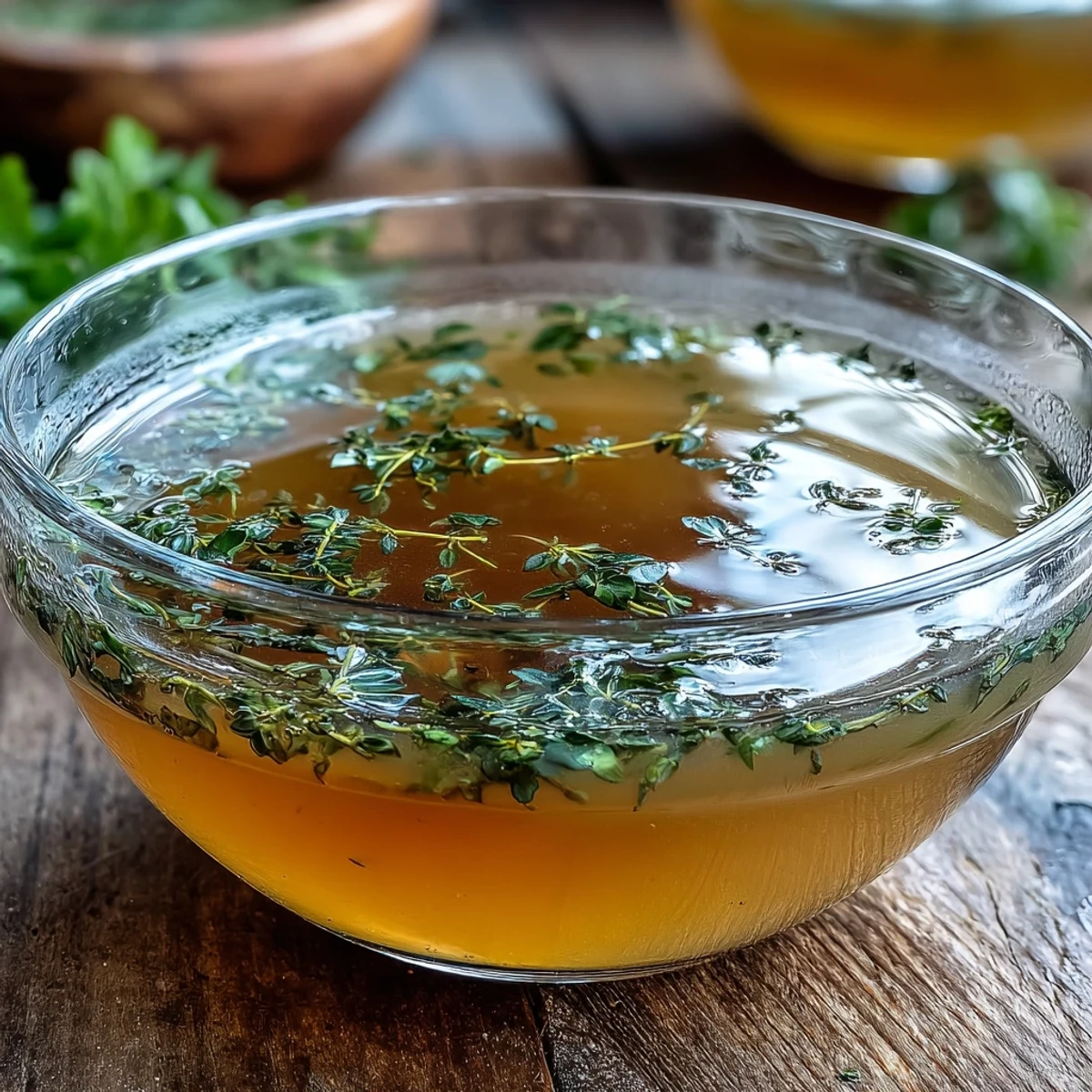 A steaming mug of Vegetable Broth From Scraps beside fresh parsley and a bowl of kitchen trimmings.