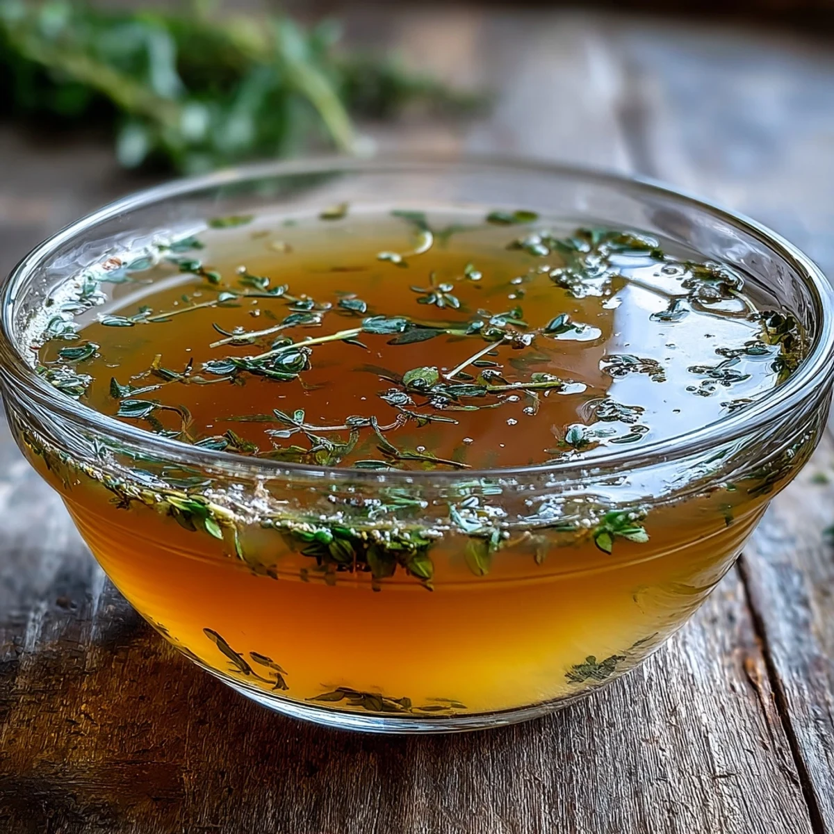 Clear glass jar filled with golden-hued Vegetable Broth From Scraps, made from simmered carrot peels and onion skins.