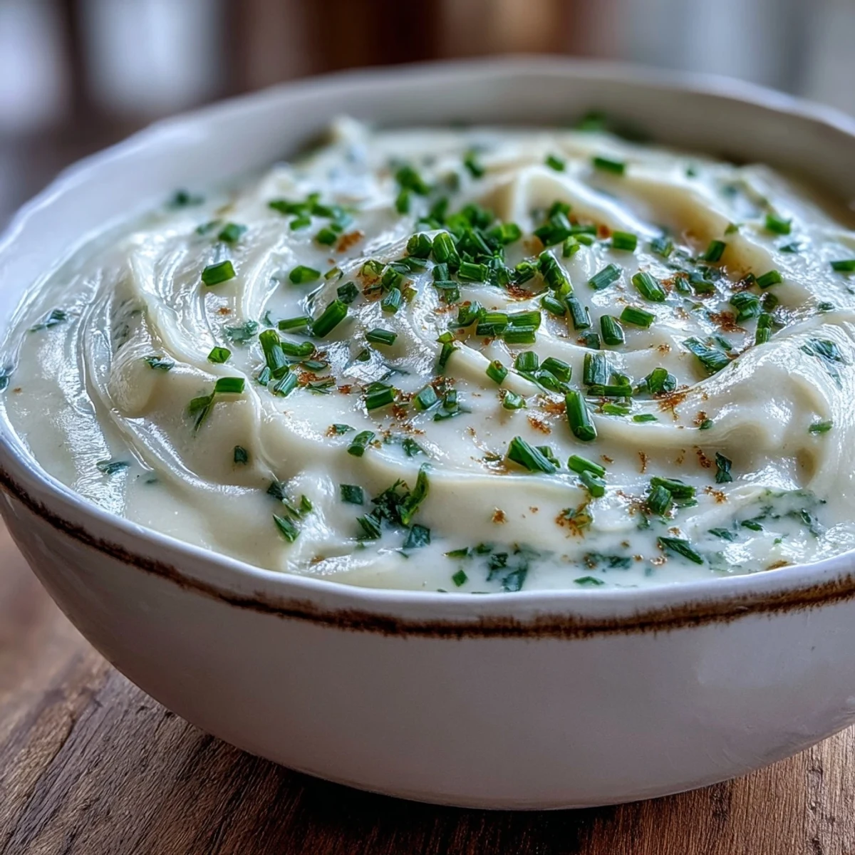 Close-up of Creamy Celery Root Bisque showing velvety texture and a drizzle of cream, served warm in a ceramic bowl.