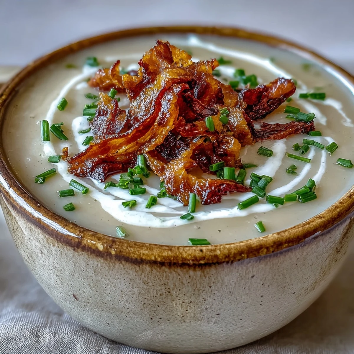 A glossy, velvety Creamy Celeriac Soup with Crispy Bacon garnished with fresh parsley and cracked black pepper.