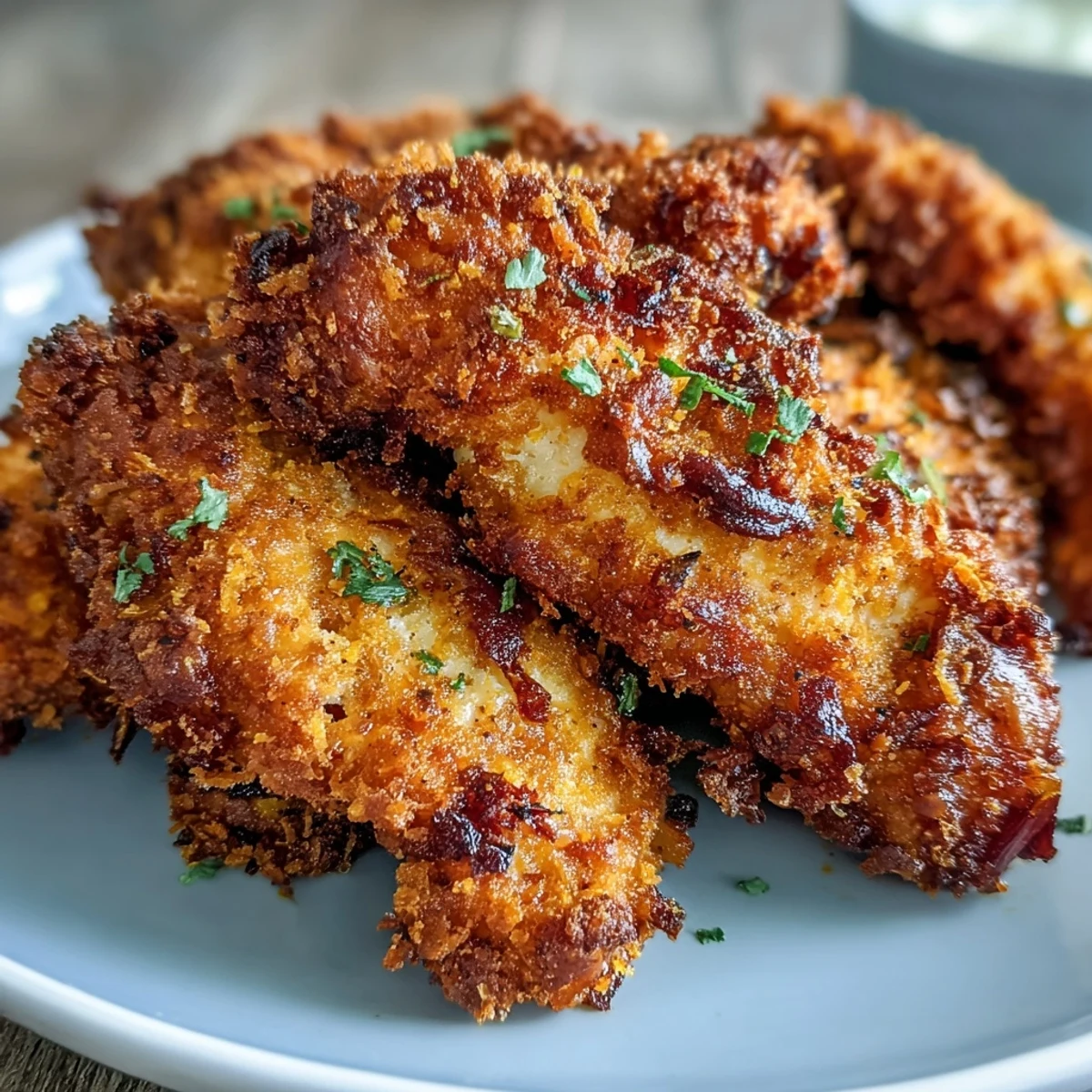 Golden-brown Crispy Turmeric Chicken Tenders on a platter with fresh herbs, ready for a quick family dinner.