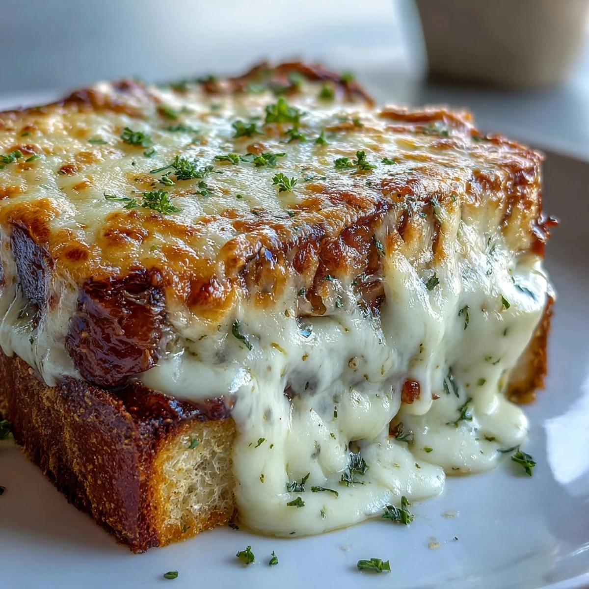 Golden, puffy Croque Monsieur Casserole straight from the oven, featuring layers of crustless bread, ham, and Gruyère cheese.