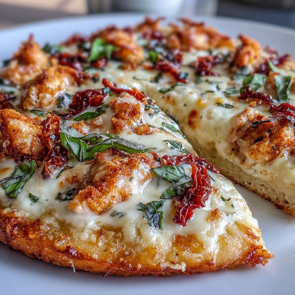 Golden-brown Marry Me Chicken Pizza with creamy sauce, sun-dried tomatoes, and fresh basil leaves.