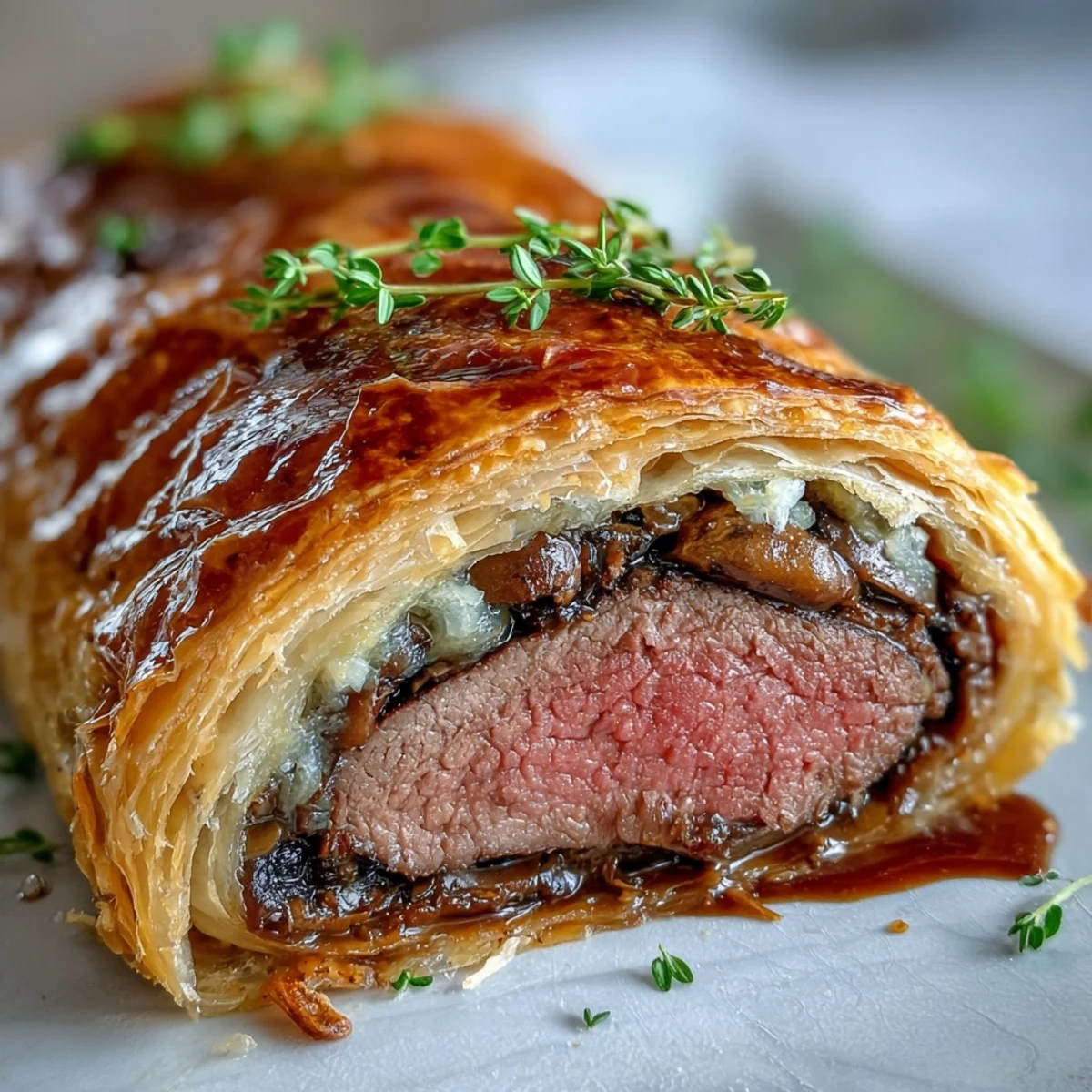 Golden, flaky puff pastry encases a tender beef fillet center, ready for slicing into juicy Beef Wellington servings.