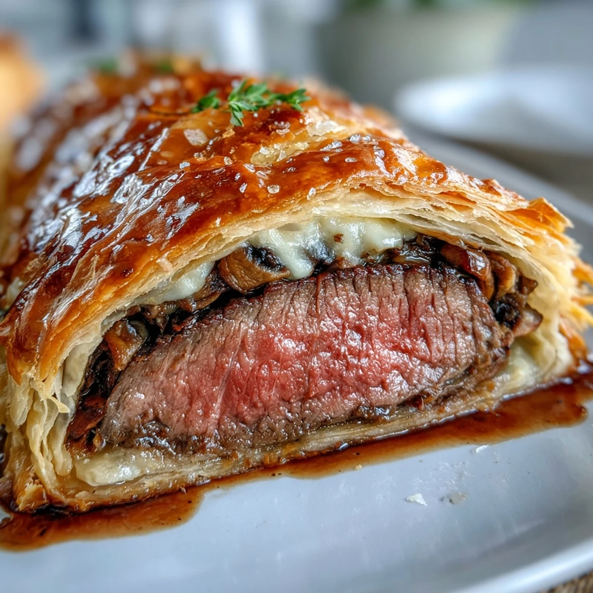 The seared beef fillet for Beef Wellington is brushed with Dijon, wrapped in prosciutto, and mushroom duxelles.