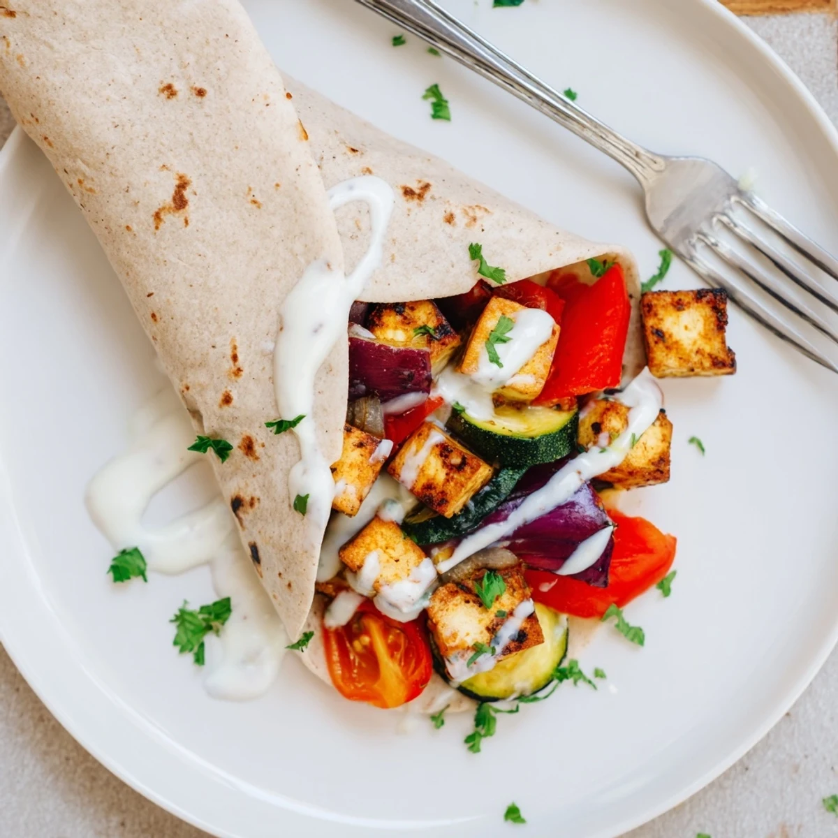 Vegan Viral Recipe Re-make with roasted vegetables and creamy tahini-yogurt sauce drizzled.  