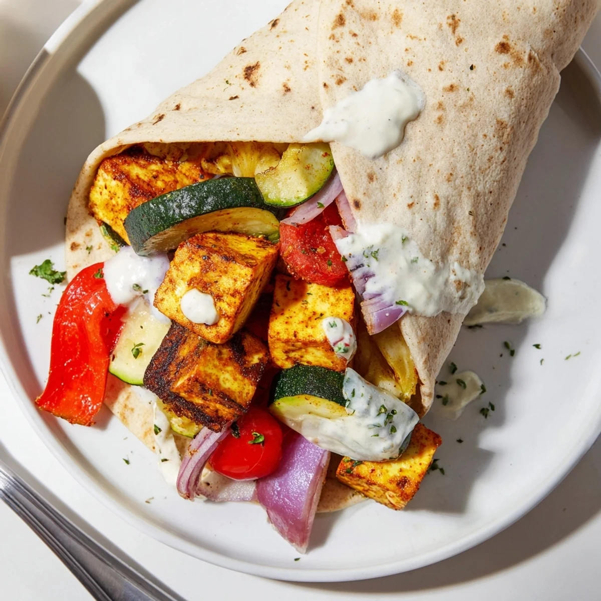 Colorful Vegan Viral Recipe Re-make served in whole wheat pita, garnished with parsley.  