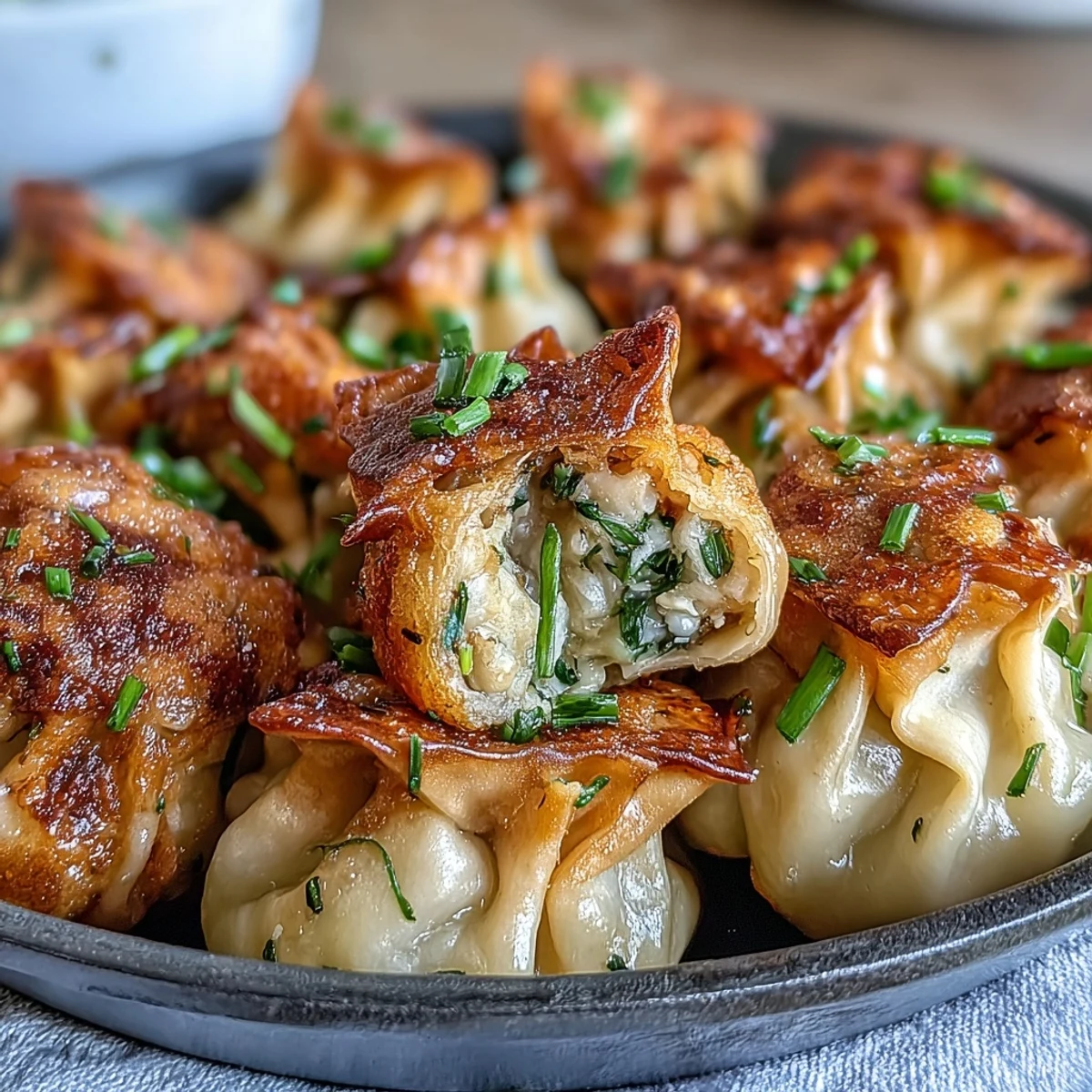 Golden-brown smash dumplings with crispy bottoms are lined up on a plate, ready to dip into a small bowl of soy-vinegar sauce.