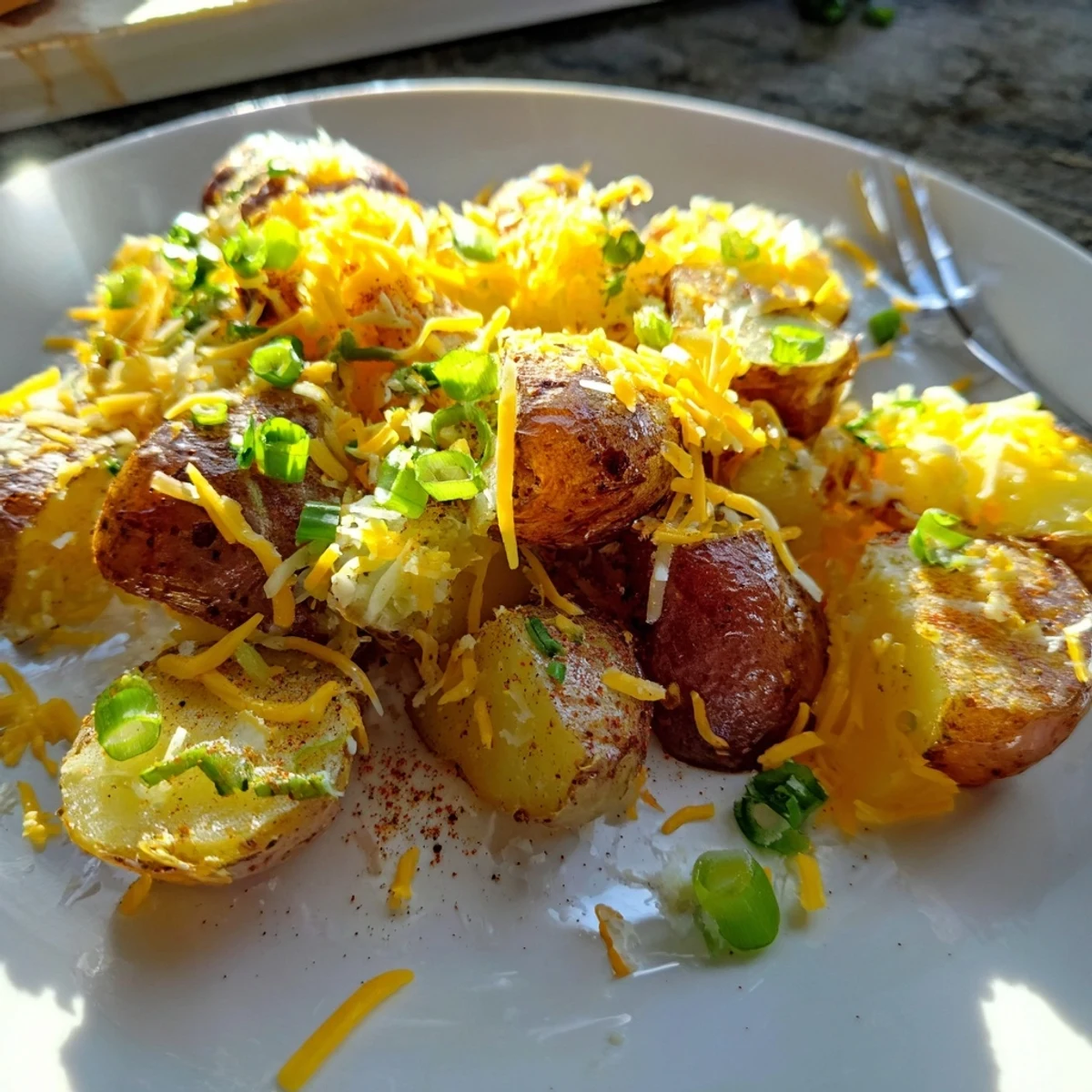 Crispy Smashed Green Onion Potato Bombs topped with melted cheese and fresh herbs.
