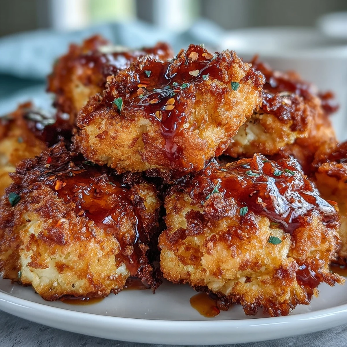 Crispy baked cauliflower bites drizzled with spicy sweet hot honey glaze