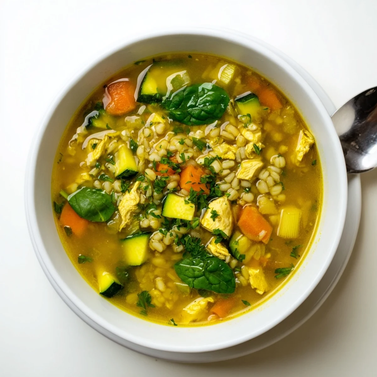 Hearty Soothing Turmeric Chicken With Pearl Barley served in a deep ceramic pot, surrounded by fresh parsley and a lemon wedge for bright finishing flavor.