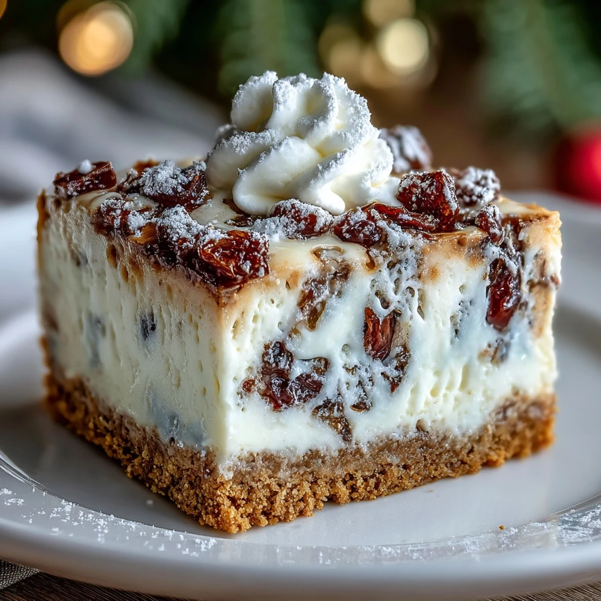 A close-up of Christmas Cheesecake Slab squares topped with whipped cream and dusted with icing sugar.