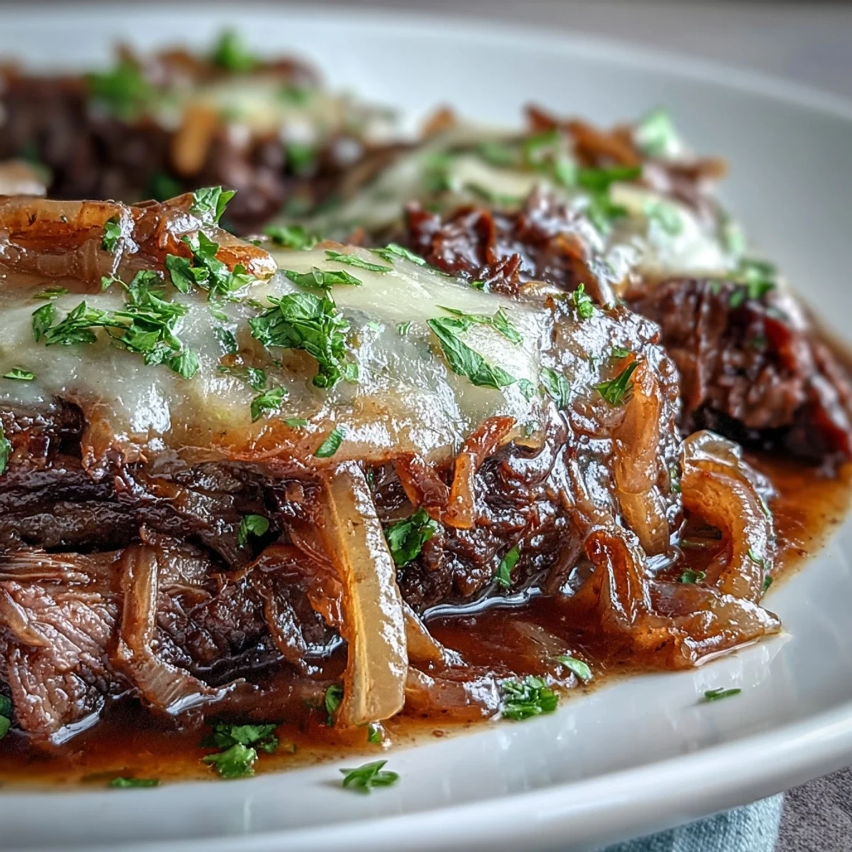 Savory Crock Pot French Onion Pot Roast with tender shredded beef and caramelized onions topped with melted Gruyere cheese.