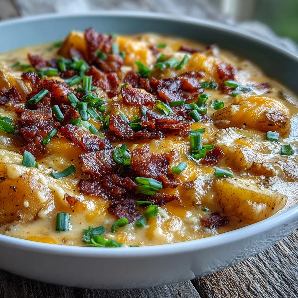 A warm bowl of Loaded Potato Soup garnished with melted cheddar, crispy bacon bits, and fresh green onions.