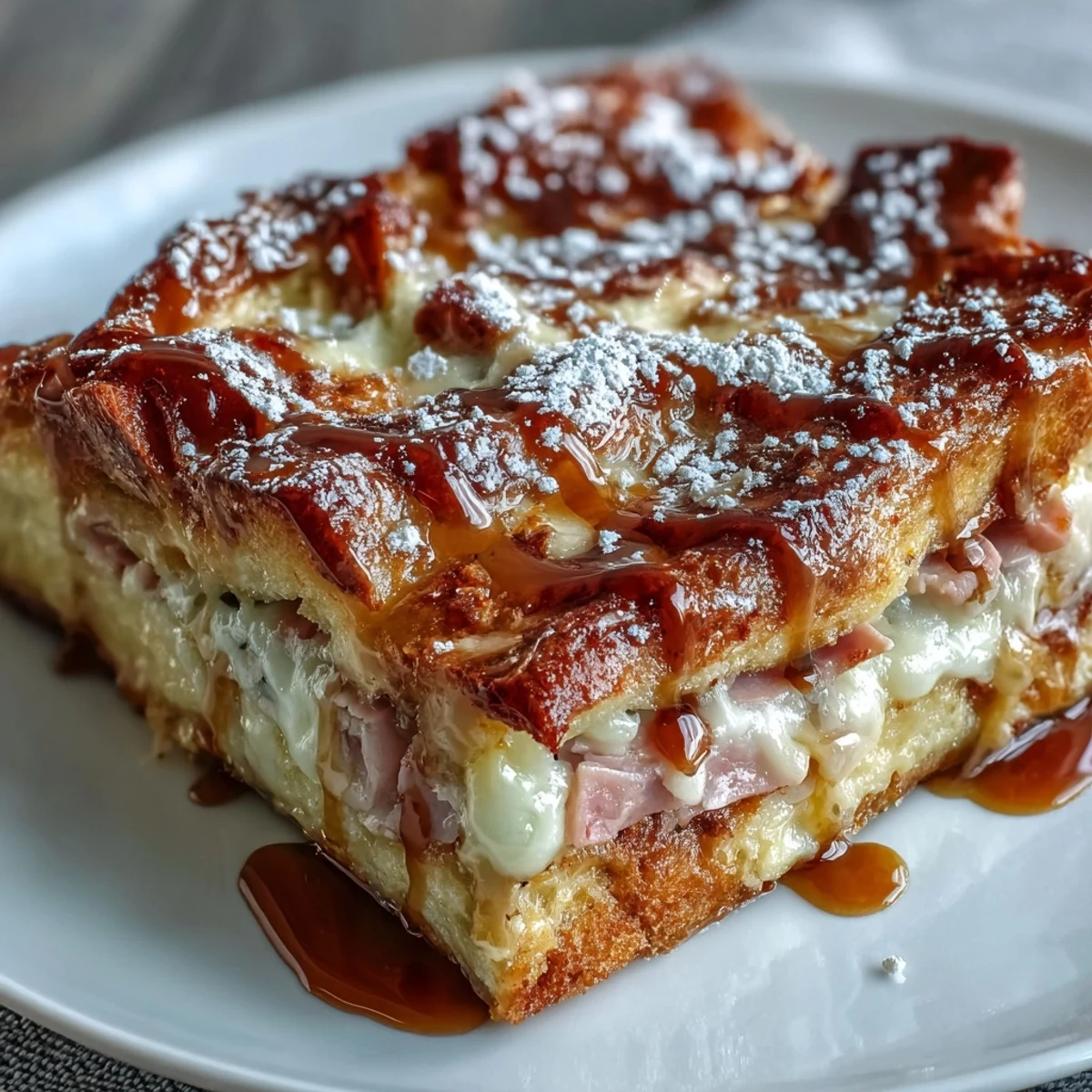 Savory Monte Cristo Breakfast Casserole with powdered sugar dusting, ready for a brunch buffet with fresh berries alongside.