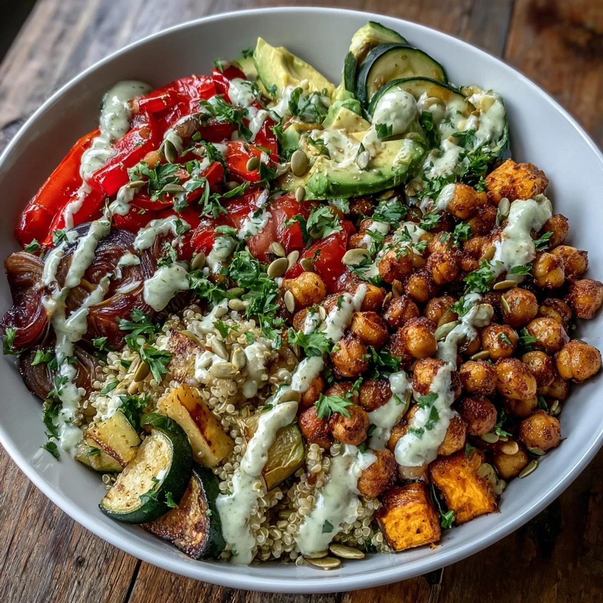 Colorful bowl showcases golden chickpeas, quinoa, avocado, and cherry tomatoes with fresh parsley and seeds.