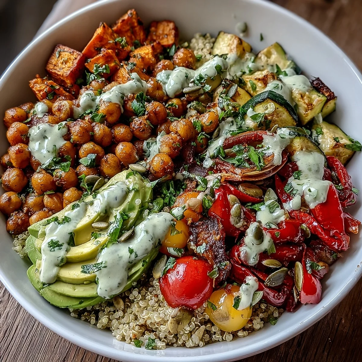 This nourishing Chickpea Power Bowl features warm roasted veggies, fluffy grains, and a generous drizzle of tahini.