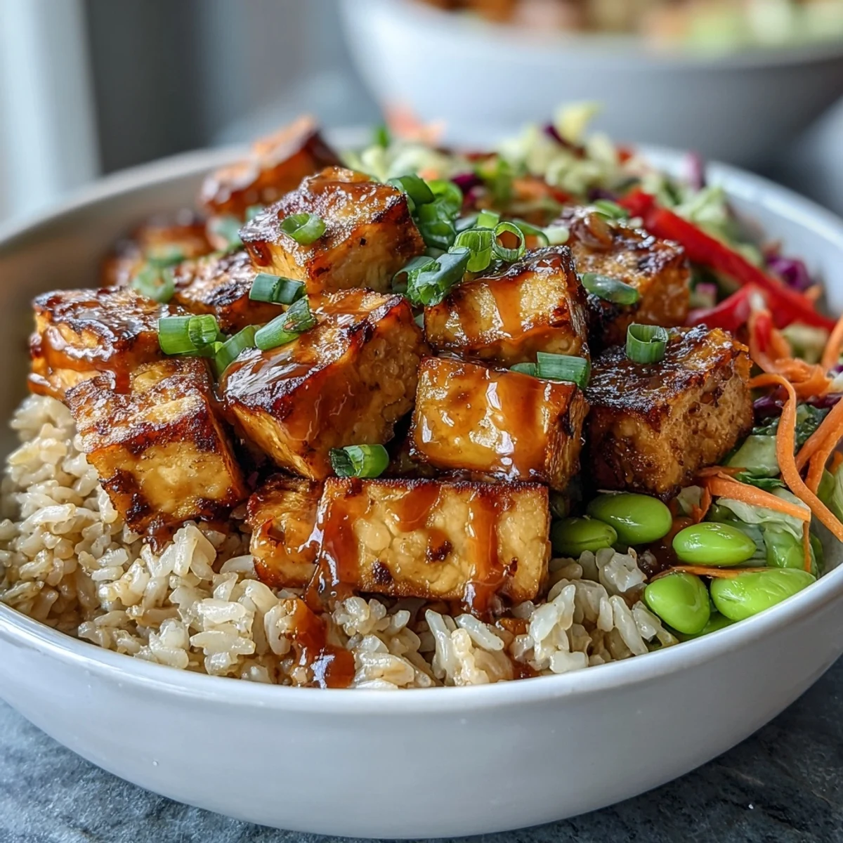 A close-up of golden tofu, fluffy quinoa, and colorful veggies in a Peanut Tofu Power Bowl, garnished with fresh cilantro.