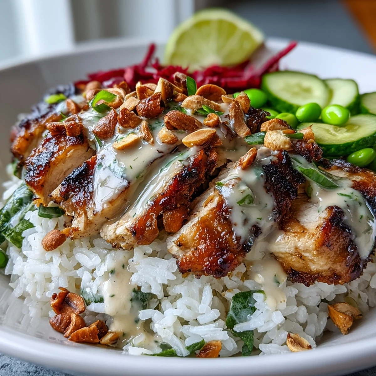 Fluffy coconut rice topped with tender grilled chicken, crisp cabbage, and carrots, drizzled with creamy peanut sauce in a bowl.