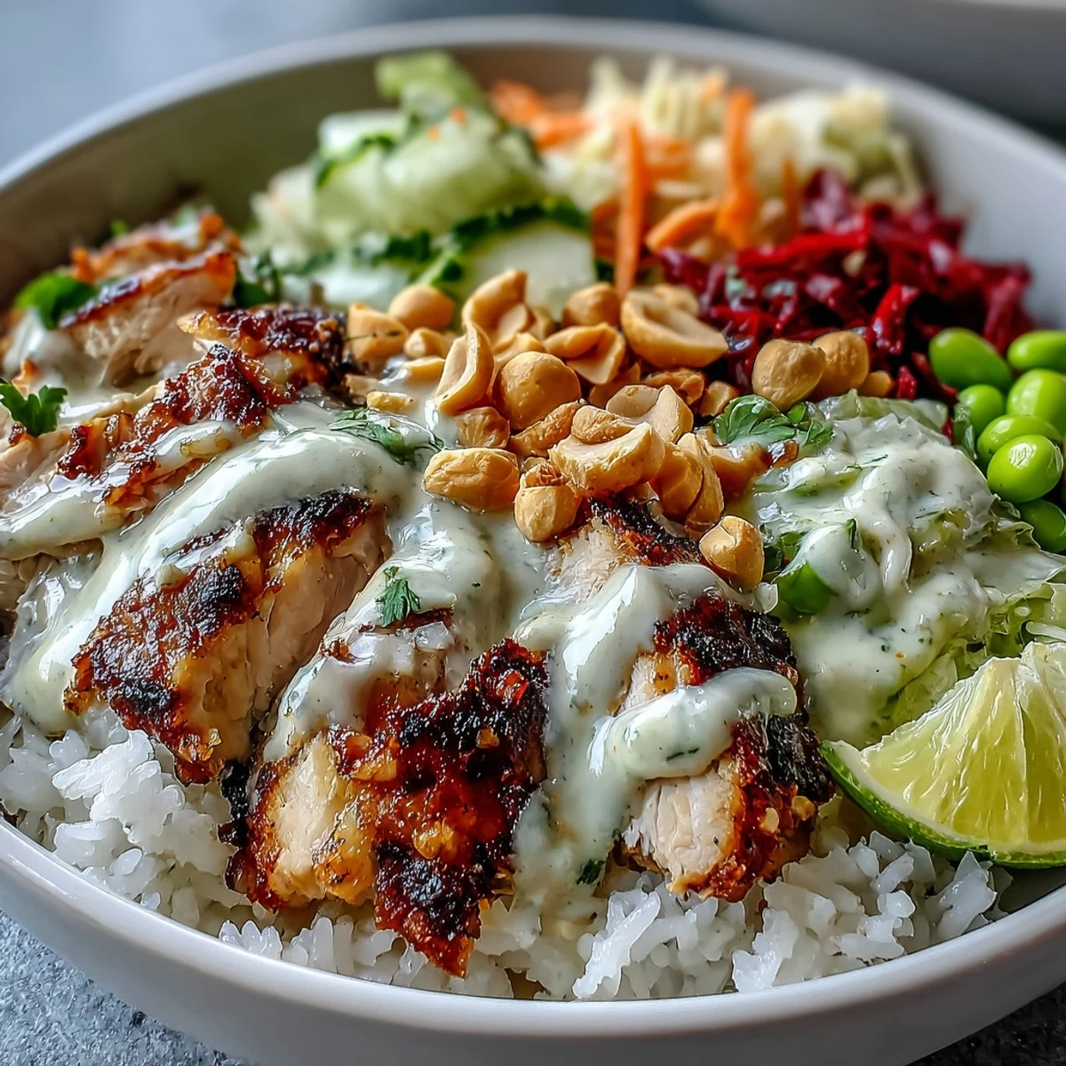 Edible flowers and lime wedges garnish a vibrant Coconut Rice Peanut Bowl with colorful fresh vegetables and succulent grilled chicken.