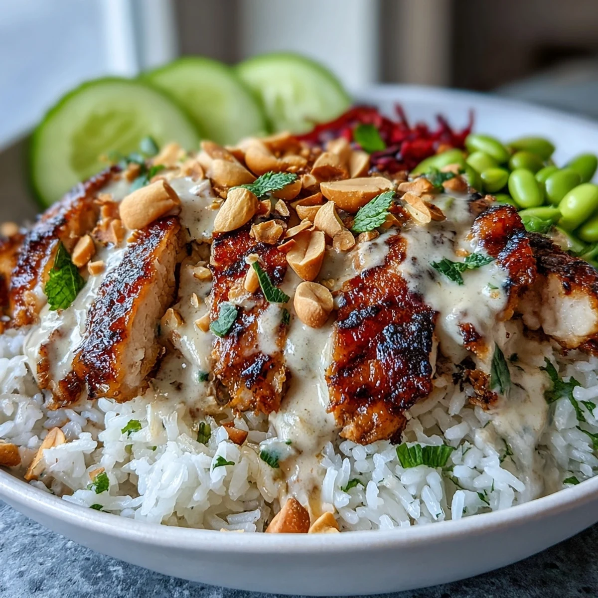 Overhead view of a nourishing Coconut Rice Peanut Bowl showing fluffy grains, crunchy veggies, and rich peanut sauce for dinner.