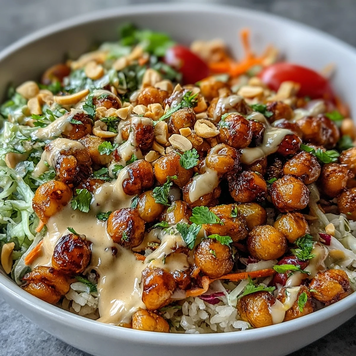 Crispy smoked paprika chickpeas and crunchy veggies on brown rice, drenched in creamy peanut sauce for this vibrant Peanut Chickpea Protein Bowl.
