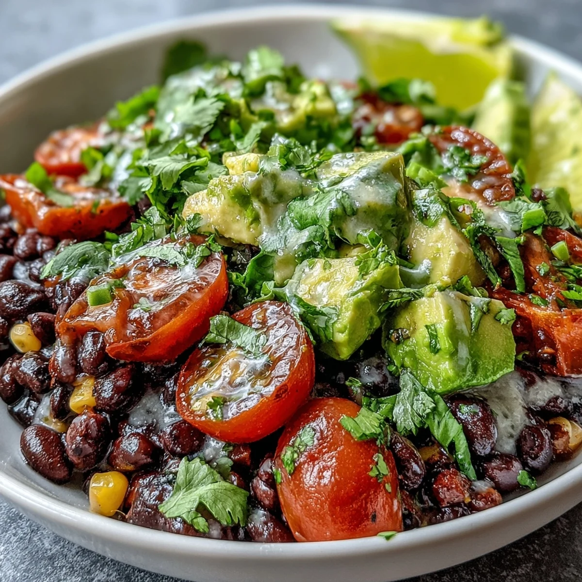 Freshly prepared Black Bean and Veggie Bowl with diced avocado, cherry tomatoes, and a zesty lime dressing ready to eat.