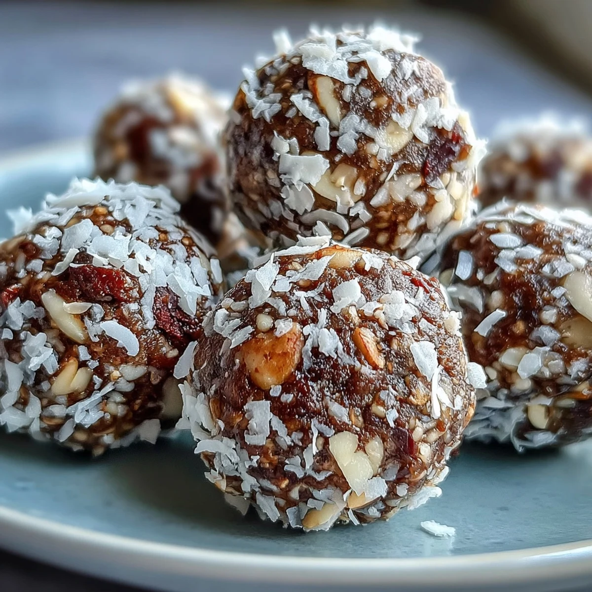 Twelve golden-brown Hojicha Energy Balls dusted with coconut are arranged on a marble surface beside matcha tea.
