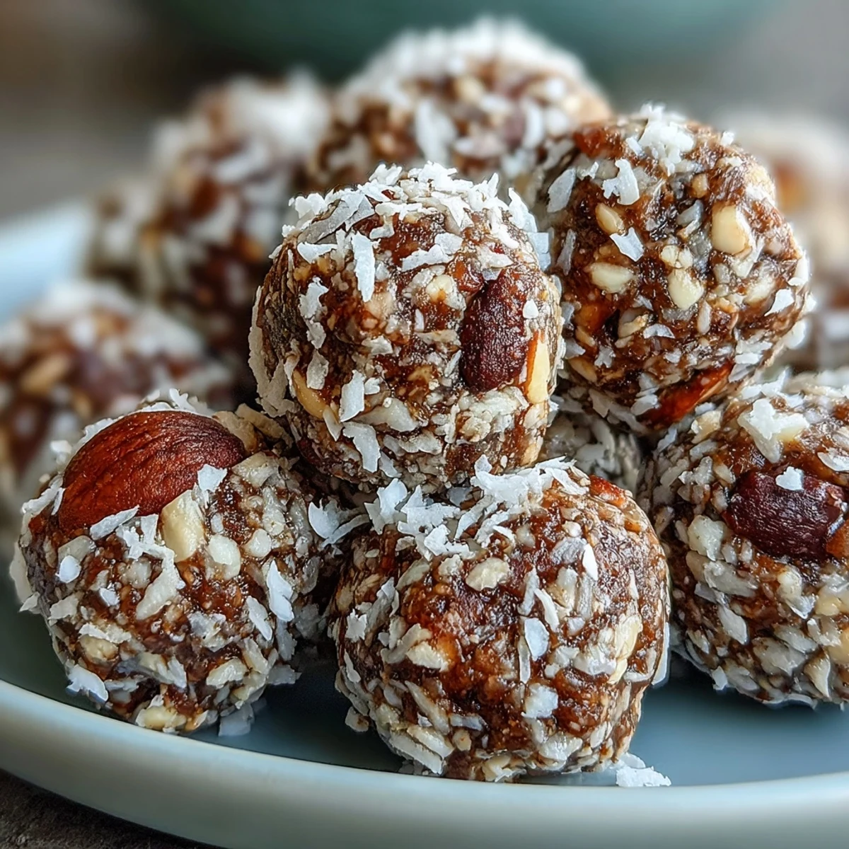 A batch of bite-sized Hojicha Energy Balls, featuring roasted tea powder and cacao nibs, sit in a small ceramic bowl.