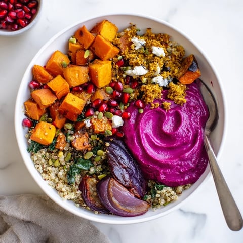 Cozy spiced winter bowls topped with roasted vegetables and ube-coconut purée.