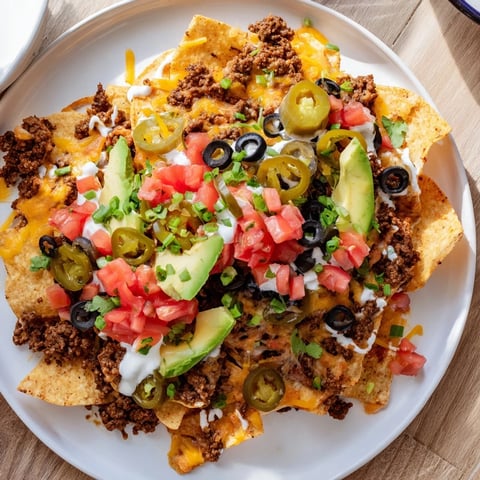 Warm, cheesy Sheet Pan Nachos with budget ground beef, loaded with flavorful beef and vibrant toppings.
