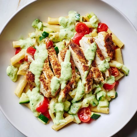 Peruvian Aji Verde Chicken Pasta Salad: a colorful display of pasta and chicken tossed in creamy green sauce.