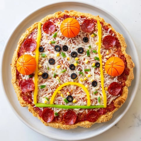 Freshly baked Basketball Court Pizza with pepperoni "basketballs" and colorful bell pepper lines.